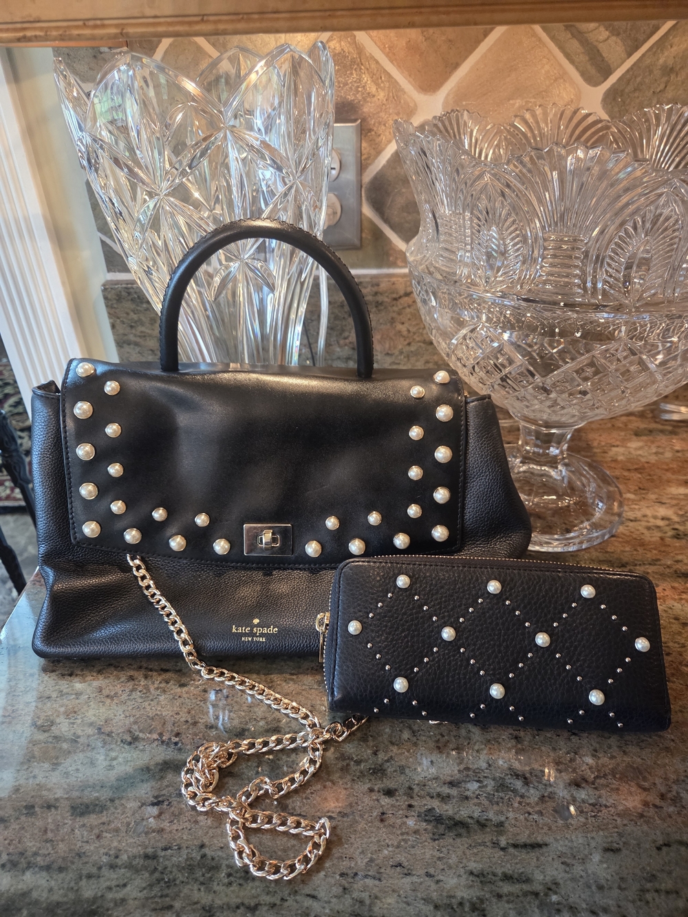 Kate Spade Black Pearl-Stud Leather Satchel with Wallet